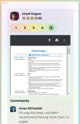 A resume rated 5 of 5, with the comments under it
